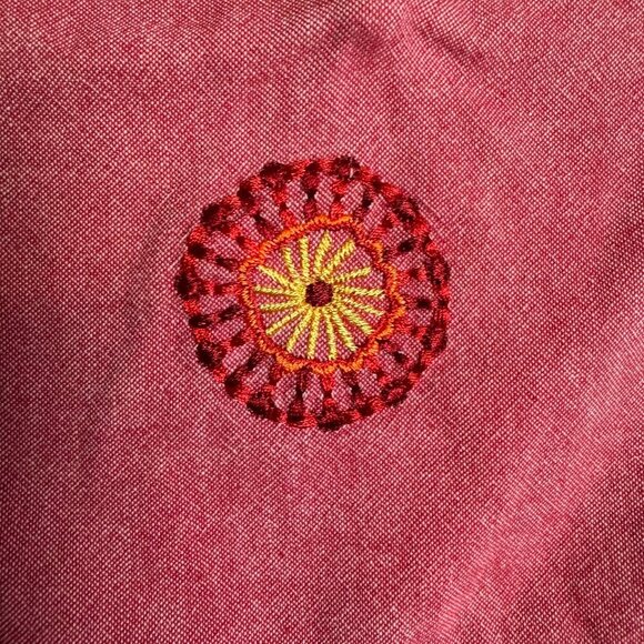 Go Softly Patio Red Embroidered Snap Front House Dress J24 - Picture 3 of 4